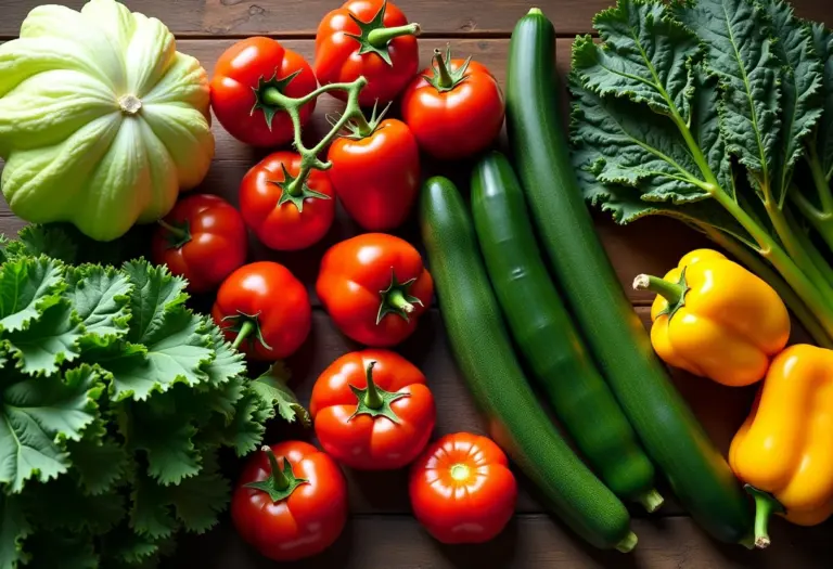 Variedade colorida de hortaliças frescas colhidas em display rústico.