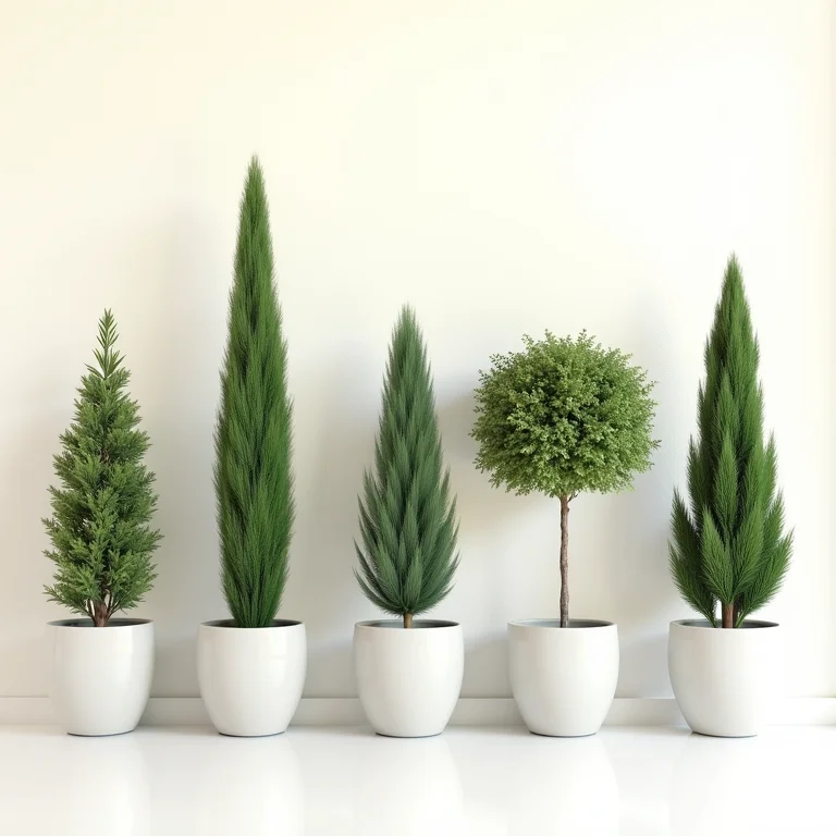 Variedade de árvores colunares em vasos.