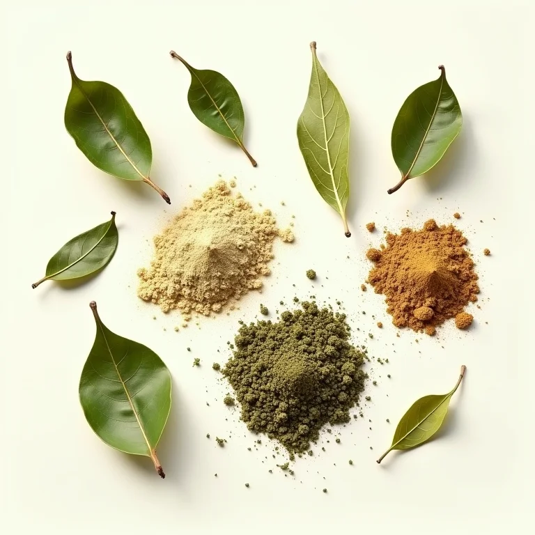 Variedade de ervas secas em diferentes formatos: folhas inteiras, trituradas e em pó.