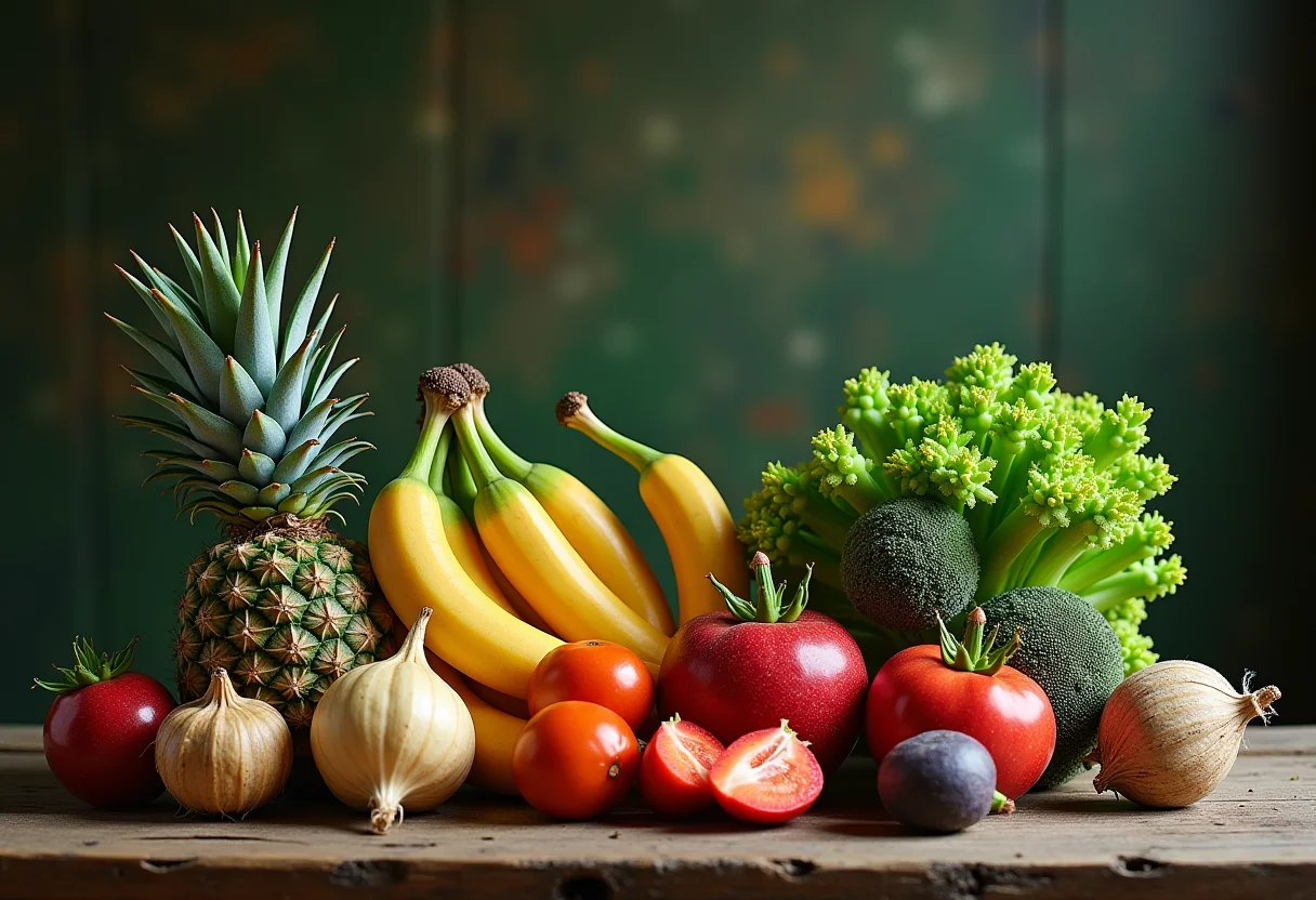 Variedade de Plantas Alimentícias Não Convencionais (PANCs) em close-up.