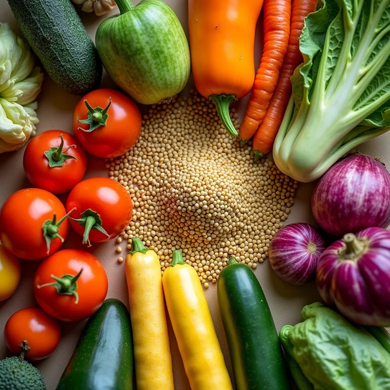 Variedade de vegetais e especiarias com sementes de mostarda