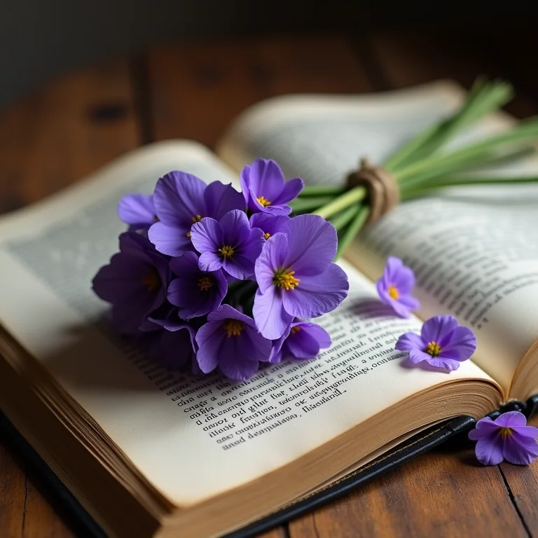 Violetas amarradas com barbante em mesa de madeira.