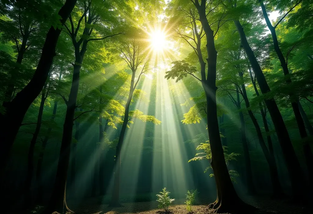 Visão aérea de uma floresta exuberante com luz solar filtrada.