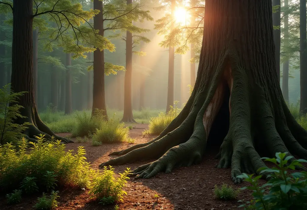 Visão ampla de uma clareira ensolarada com um tronco de árvore em decomposição, cheio de vida.