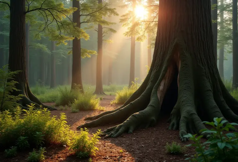 Visão ampla de uma clareira ensolarada com um tronco de árvore em decomposição, cheio de vida.