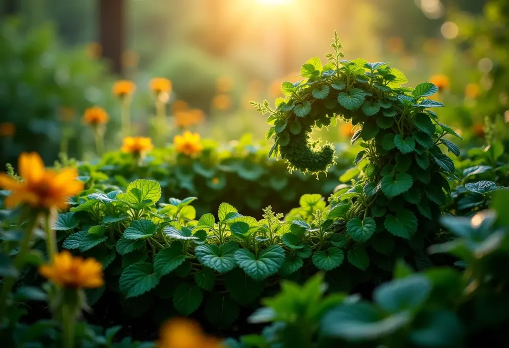 Visão geral de um jardim em espiral repleto de ervas e flores.