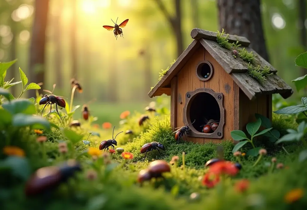 Visão geral de um jardim vibrante com um hotel para insetos.