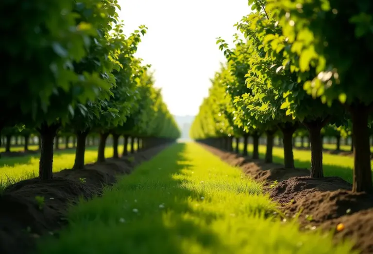 Visão geral de um pomar bem cuidado com árvores dispostas de forma organizada.