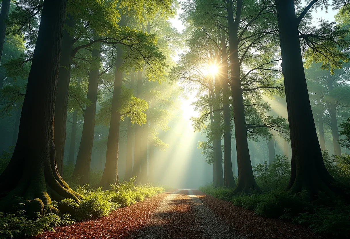 Visão inspiradora de uma floresta exuberante com árvores imponentes.