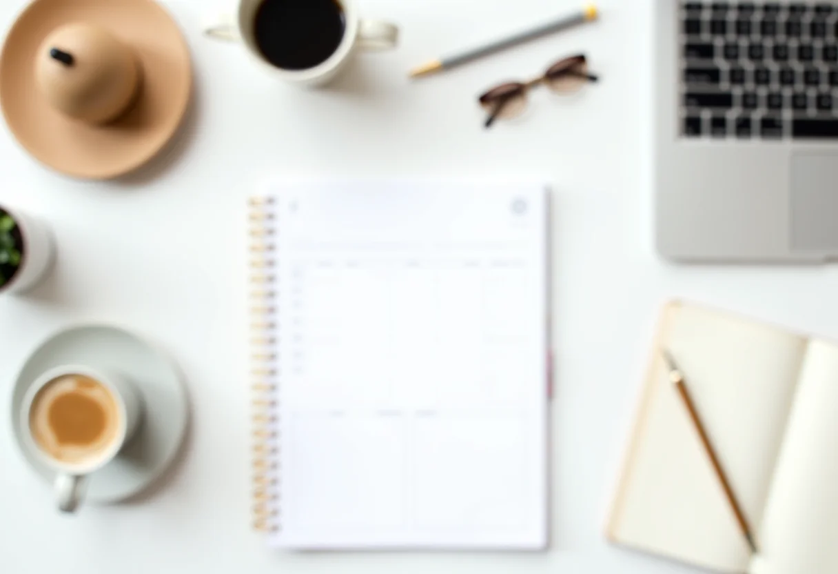 Visão superior de uma mesa de trabalho organizada com itens de papelaria.